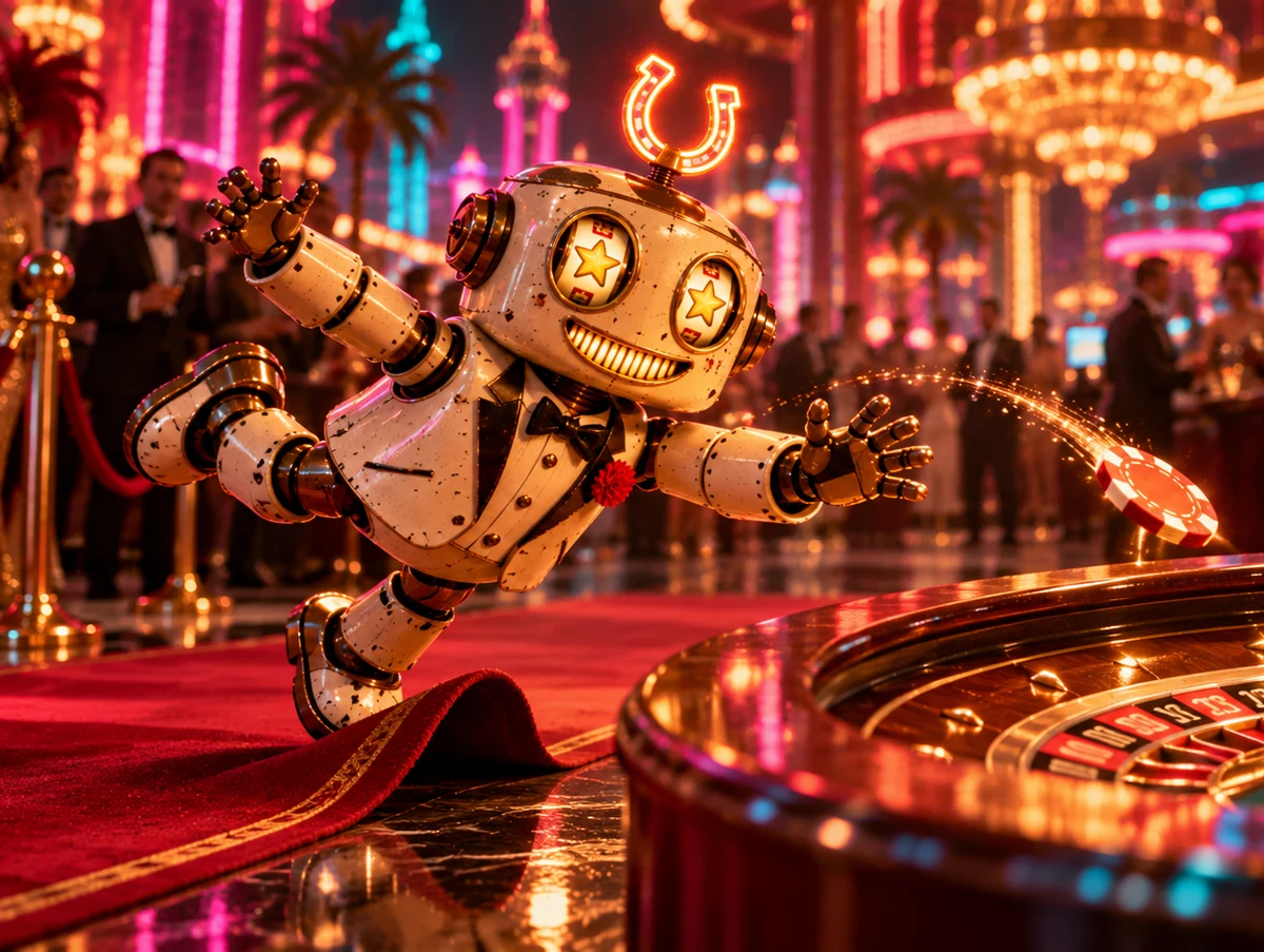 The robot tripping on a red carpet while one chip flies out of his hand toward a roulette wheel